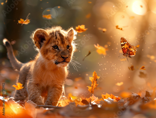 Young Lion Cub Fascinated by a Fluttering Butterfly in Golden Autumn Light