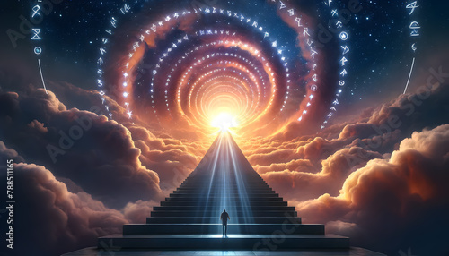 A monumental staircase spiraling upwards into the clouds, with a figure at the base looking up, set against a backdrop transitioning from sunset to starry night.