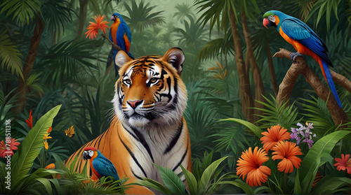 Tiger, parrots, birds, palm trees, flowers. Safari wild African animals in Amazon forest illustration cute scenery, mural art. Jungle, tropical illustration, tree