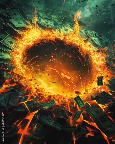 stylized illustration of a fiery pit filled with money photo