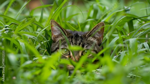 Playful Feline Hiding in Lush Grass Field: Camouflaged Contentment