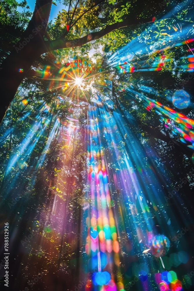 A heavenly spectacle where bright sunbeams and colorful prisms blend seamlessly, illuminating the sky with a spectral light show - obrazy, fototapety, plakaty 