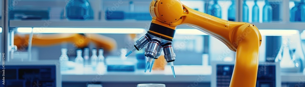 A bright yellow robotic arm conducting automated DNA sequencing in a clinical laboratory environment - obrazy, fototapety, plakaty 