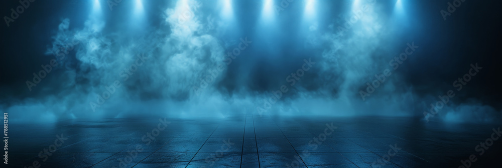 empty dark stage with spotlights , fog and smoke in the air, for opera performance. Stage lighting. Empty stage with bright colors backdrop decoration. Entertainment. empty theater stage with light	