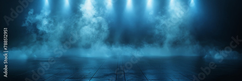 empty dark stage with spotlights , fog and smoke in the air, for opera performance. Stage lighting. Empty stage with bright colors backdrop decoration. Entertainment. empty theater stage with light 