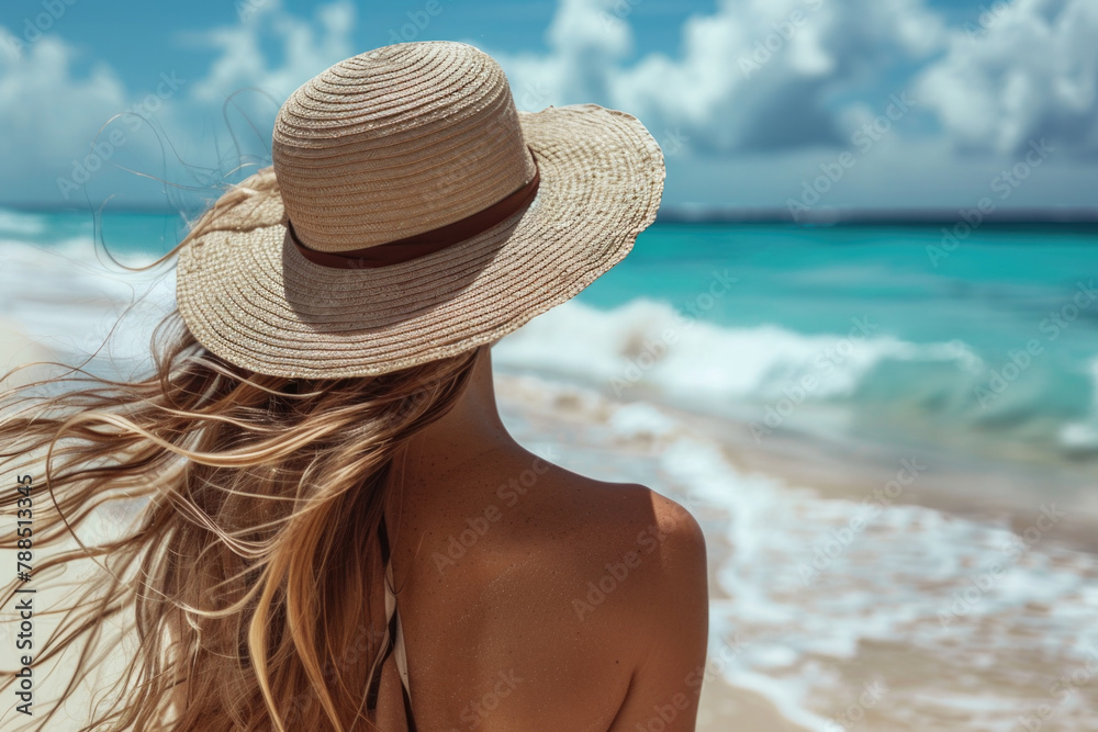 Young beautiful woman with long windy hair walking on the beach in bikini and straw hat, back view