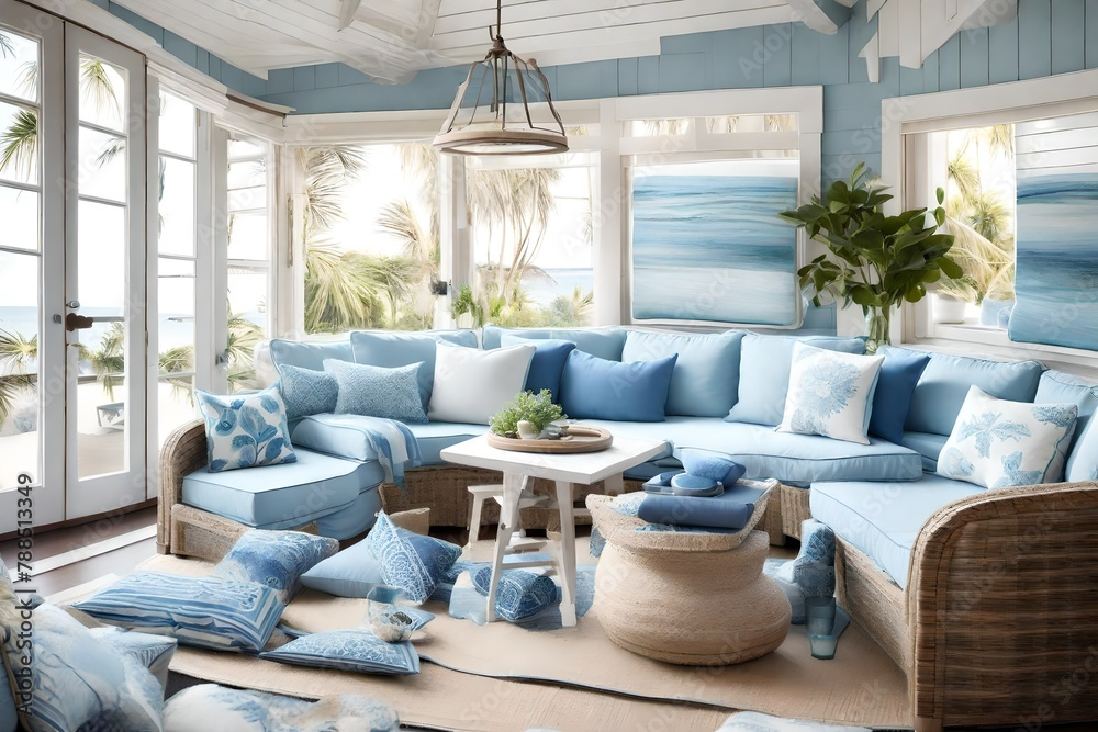a cozy reading nook with coastal blues, soft cushions, and seaside decor, inviting relaxation in the serene ambiance of a coastal home. a cozy reading nook with coastal blues, soft cushions, and seaside decor, inviting relaxation in the serene ambiance of a coastal home.