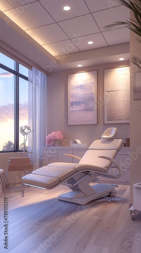 An elegant and modern medical aesthetics clinic with a soft pink and white color scheme  featuring a comfortable patient chair  stylish artwork  and a view of the city skyline.