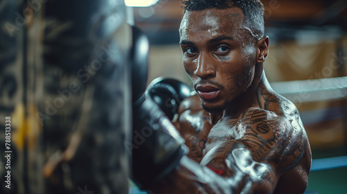 A boxer trains intensely, throwing punches at a bag or shadowboxing with focus and precision, showcasing  empowering workout of boxing training for both strength and cardiovascular fitness. photo