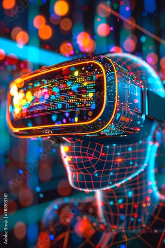 A person wearing a virtual reality headset and a digital representation of their brain.