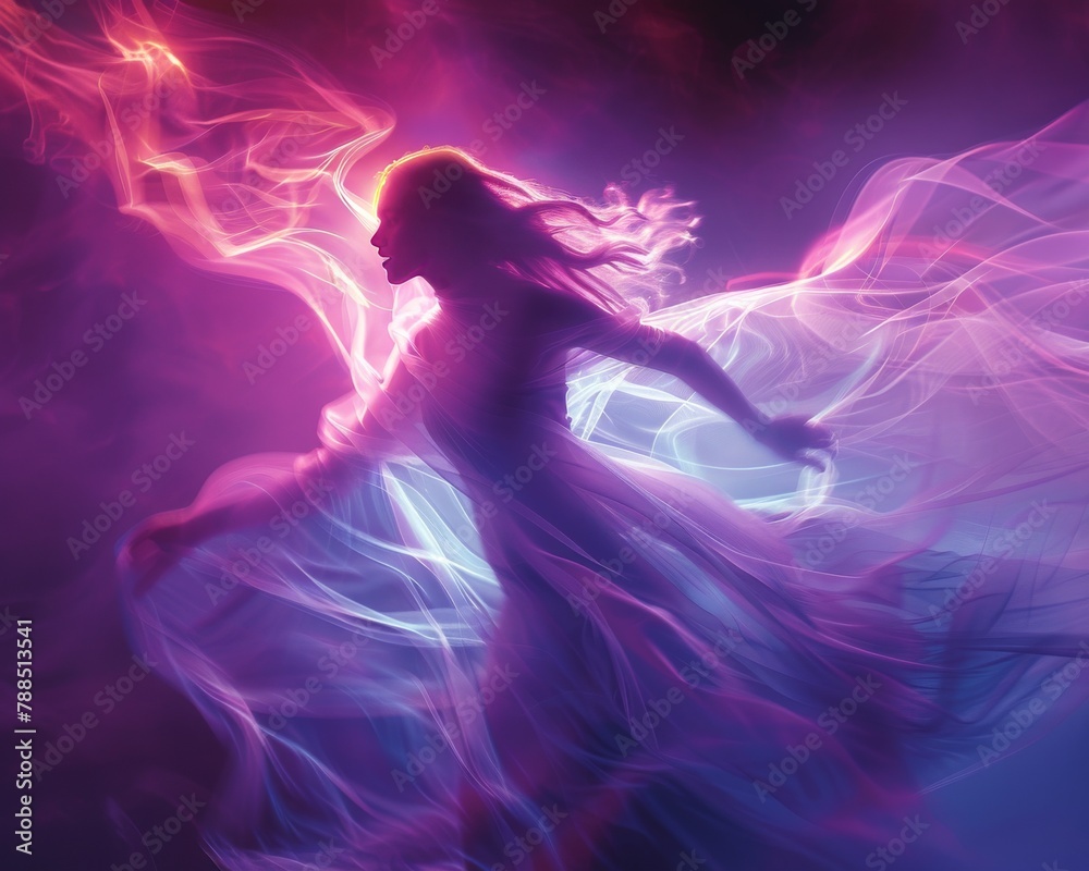 A ethereal woman made of light and color, dancing through the cosmos