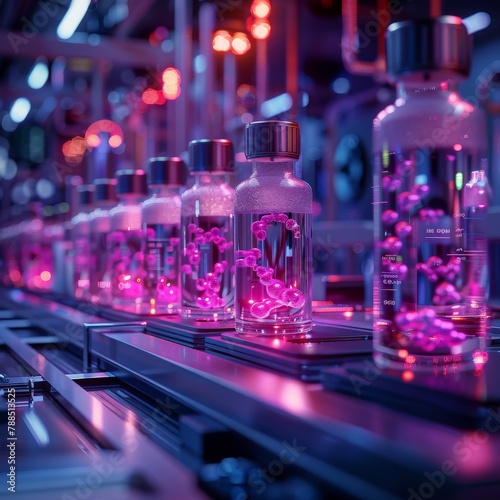 Vials of a mysterious pink liquid on a conveyor belt in a futuristic laboratory