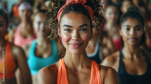 A diverse group of people comes together for a fitness class, their energy palpable as they follow the instructor's lead in aerobics, Zumba, or HIIT