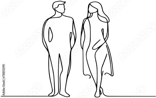 Man and woman in love drawn in line-art style