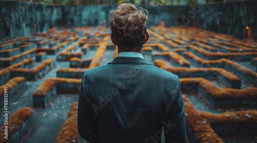 Business person looking at maze with solution arrow on the wall concept photo