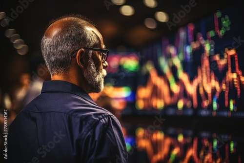 Stock Market charts on a futuristic screen, Stock market trading floor. Trader, broker look at the screen on stock market graphs of abstract index