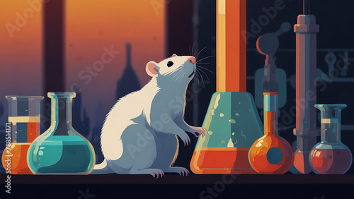 A scientist doing experiments in lab with experimental white rat biological genetic engineering research, Abstract 2D Icon style, acid