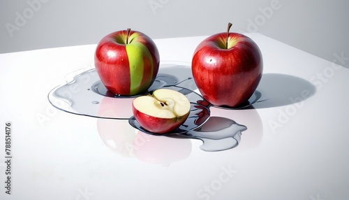 Three apples on a gray background with water for fresh food advertising_002 photo