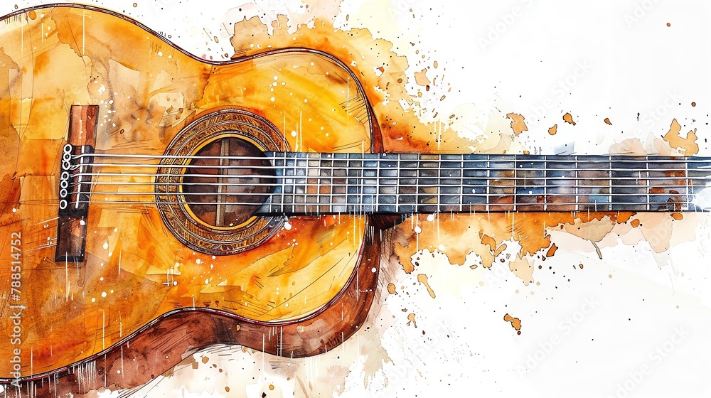 Single, detailed watercolor guitar, centered on a white background