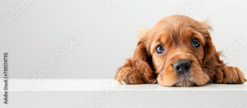 Portrait cute English cocker spaniel puppy. Portrait of funny dog. Isolated white background, copy space