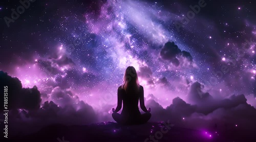 Silhouette of rear view of woman sitting on meditation on the top of a mountains in style of vibrant blue and pink stars in the sky.	
 photo