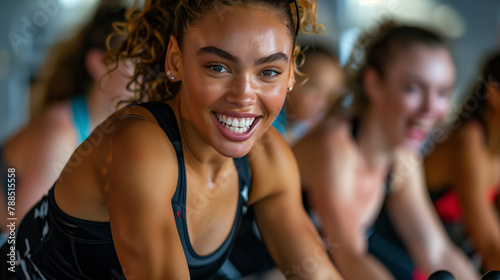 Enthusiastic participants pedal away in an indoor cycling class