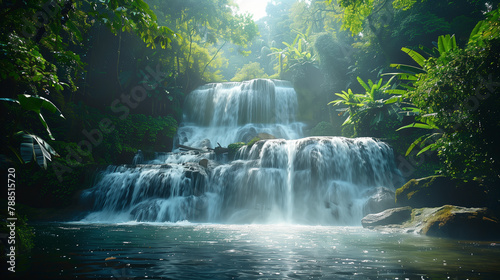 Hidden away in a lush jungle or forest, a secluded waterfall cascades with misty serenity, creating a tranquil oasis of natural beauty and peace.