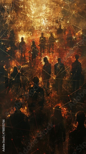 Produce a detailed oil painting capturing a rear view Human Network Map Use warm, earthy tones to represent connection and collaboration among global teams Incorporate subtle texture to enhance the hu photo