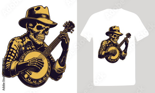 Country music festival retro vintage vector design, western folk fest vintage vector artwork for t shirt, banjo with skeleton man and a musical instrument guitar.