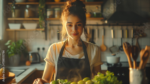 In a cozy kitchen, someone prepares a homemade meal with care and attention, surrounded by ingredients and utensils, their expression reflecting contentment and satisfaction.