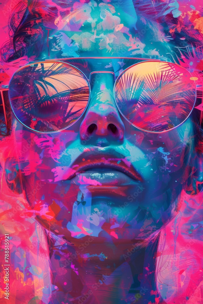 Capture the essence of Retro Summer Vibes with a frontal view illustration, blending vibrant colors and funky patterns in a digital glitch art rendering