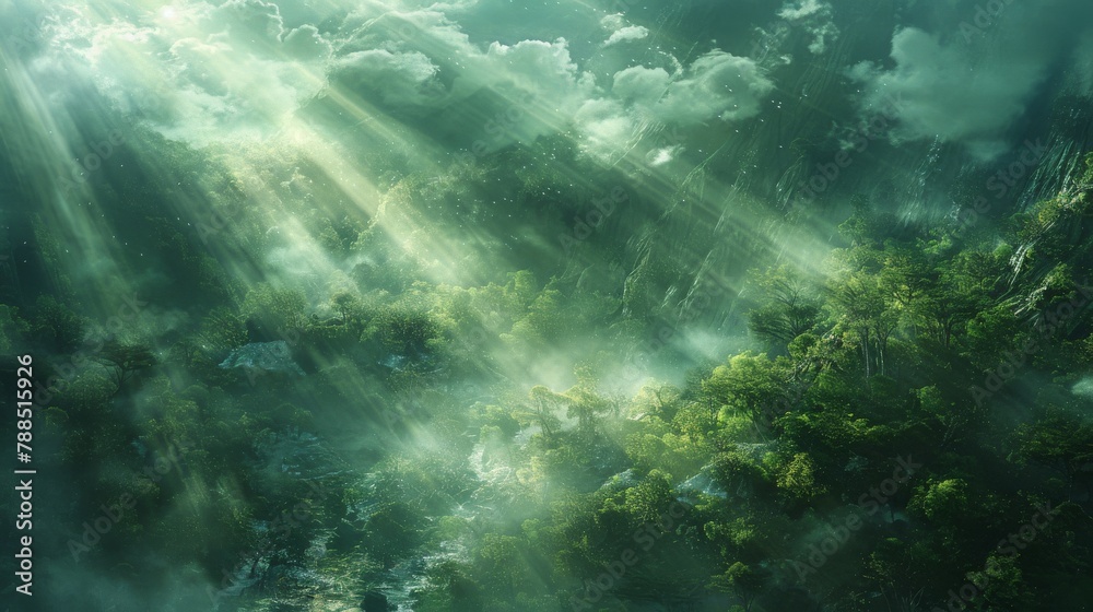 Capture the essence of a birds-eye view of an otherworldly landscape bathed in mystical light Use digital rendering techniques to enhance the magical aura, perfect for creating a sense of mystery and