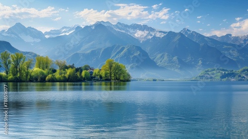 beautiful landscape of a lake and mountains with green trees