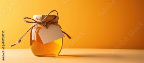 Jar of natural honey with empty tag on a colorful orange backdrop. Room for inscription. photo