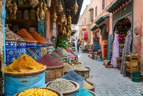 Moroccan souk vibrant market with spices, textiles, bustling trade and cultural mosaic photo