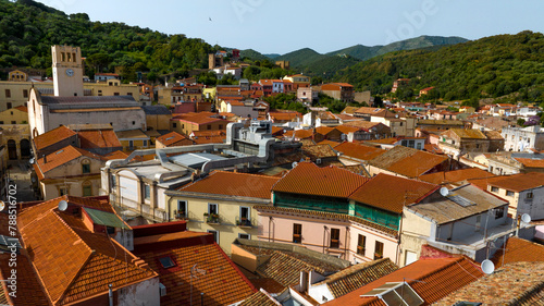 Aerial view of historic center of Iglesias, an Italian municipality. It is located in Sardinia, Italy, in the Iglesiente region. It was one of the royal cities of the island and stands among the hills