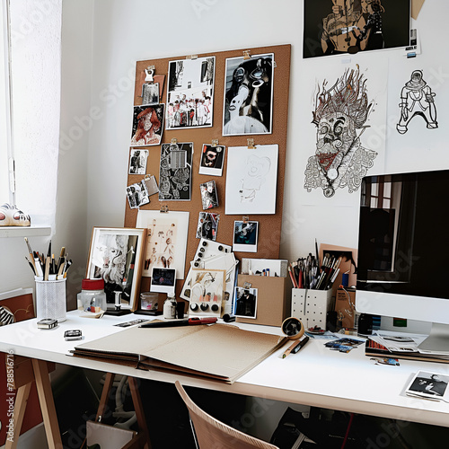 cork board over art table with polaroid photos attached