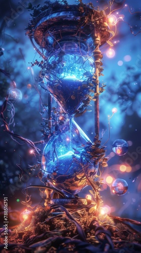 Illustrate a photorealistic digital rendering of a side view scene showcasing a giant antique hourglass tangled in shimmering vines, surrounded by glowing orbs representing time manipulation