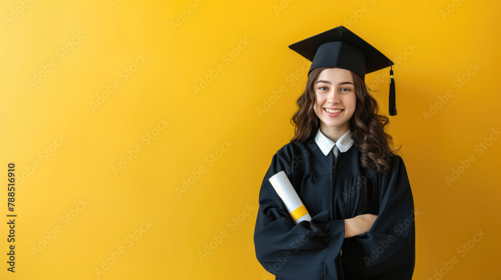 Portrait of a beautiful student smiling happily with her arms crossed. provided yellow background Portrait of a beautiful student smiling happily with her arms crossed. provided yellow background
