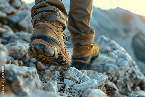 Close-up of a hiker's boots on rugged mountain terrain at sunset.