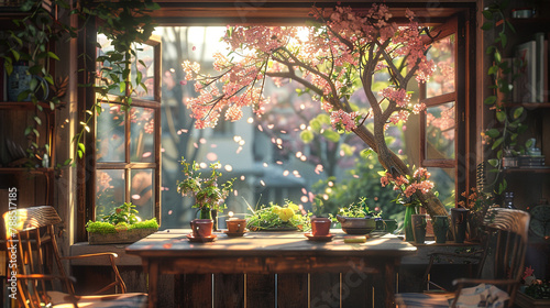 A quaint breakfast nook with a view of a blooming garden, birds chirping softly outside.