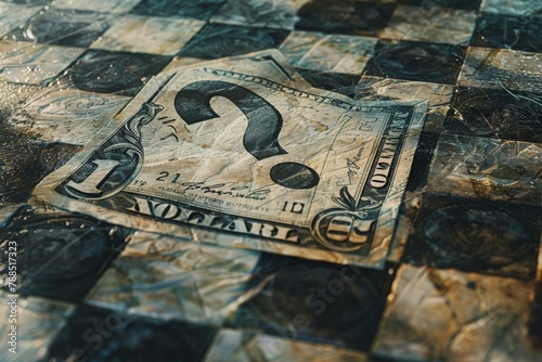 Produce a highly detailed, photorealistic oil painting of a close-up shot of a dollar bill morphing into a questioning mark symbol on a checkered background Captivate viewers with intricate textures a photo