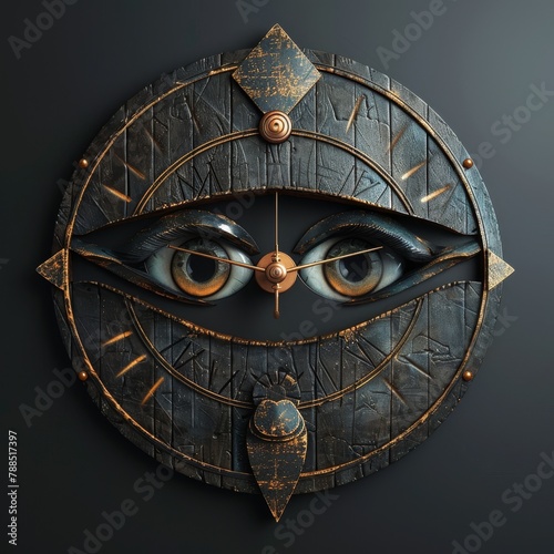 Capture the essence of ancient mystique colliding with modern timekeeping by skillfully merging archaic symbols of power with sleek, contemporary clocks, delivering a harmonious fusion of mystical enc photo