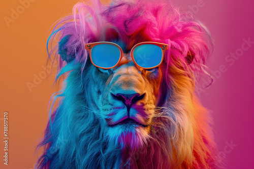 Lion with a rainbow mane and wearing sunglasses 