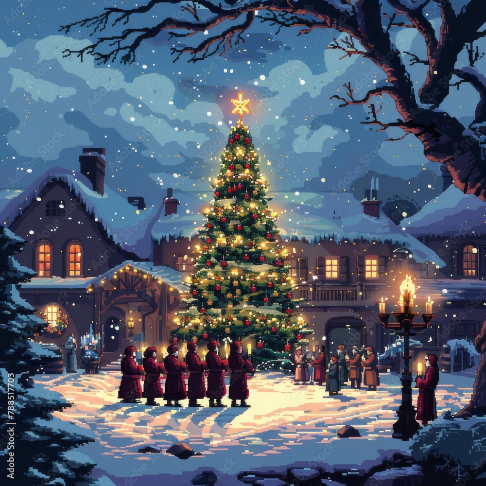 Capture the warmth and joy of the holiday season with a traditional Christmas caroling scene in pixel art format, showcasing intricate details and vibrant colors Capture the warmth and joy of the holiday season with a traditional Christmas caroling scene in pixel art format, showcasing intricate details and vibrant colors