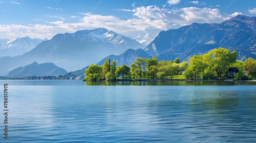 Beautiful landscape of a lake and mountains with green trees in spring in high resolution and high quality. concept landscape,seasons,spring