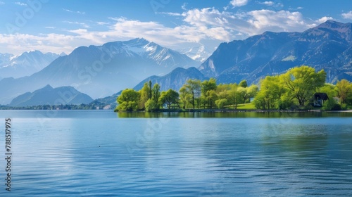 Beautiful landscape of a lake and mountains with green trees in spring in high resolution and high quality. concept landscape,seasons,spring