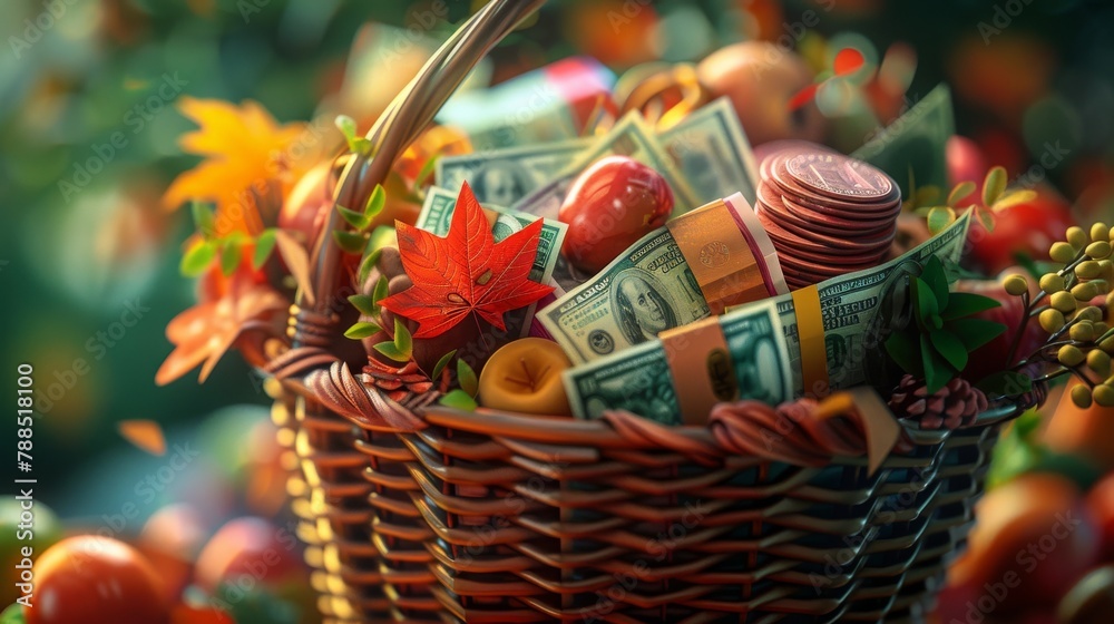 Capture a photorealistic close-up of a diverse investment basket, overflowing with stocks, bonds, and currencies in vibrant colors, highlighting wealth growth
