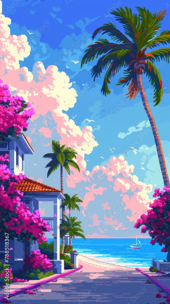 Transform Retro Summer Vibes into a pixel art masterpiece, depicting a frontal view scene with a mix of pastel hues and 8-bit charm, perfect for a nostalgic wallpaper design