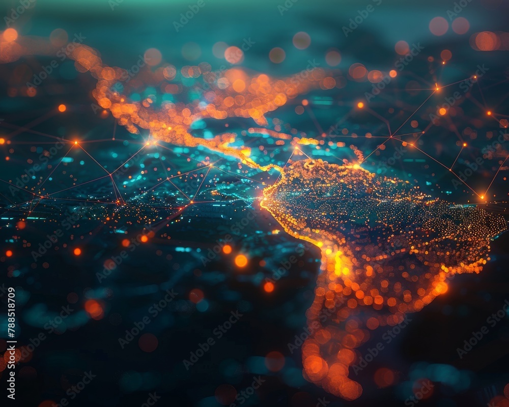 Illustrate the connectivity of the Telecommunication Links Map through a mesmerizing CG 3D rendering, showcasing the flow of data between diverse geographic locations Illustrate the connectivity of the Telecommunication Links Map through a mesmerizing CG 3D rendering, showcasing the flow of data between diverse geographic locations